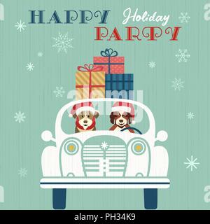 Happy holidays party poster. Cute dogs deliver Christmas gifts by retro car. Red Santa Claus hat. Colorful playful cartoon. Vector winter holiday seas Stock Vector