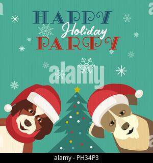Happy holidays party poster. Cute comic dogs in Santa Claus hat. Christmas tree. Colorful playful cartoon. Funny Seasonal wishes lettering. Vector win Stock Vector