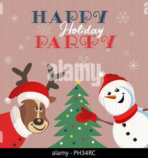 Happy holidays party poster. Cute deer, snowman in Santa Claus hat. Christmas tree. Colorful playful cartoon. Funny Seasonal wishes lettering. Vector  Stock Vector