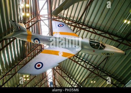 Hawker Hunter T7A trainer jet plane XL568 hanging from the roof inside RAF Museum Cosford, National Cold War Exhibition Stock Photo