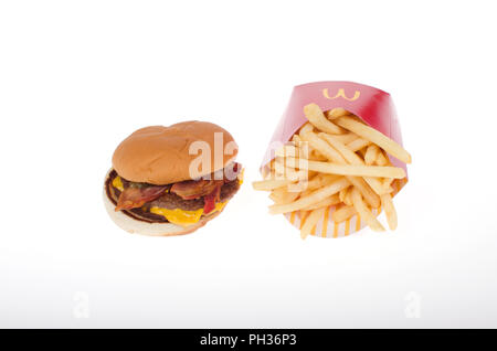 McDonalds Bacon McDouble Cheeseburger with french fries Stock Photo