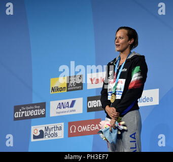 Budapest, Hungary - Jul 26, 2017. Competitive swimmer PELLEGRINI Federica (ITA) at the Victory Ceremony of the Women's 200m Freestyle. FINA Swimming W Stock Photo