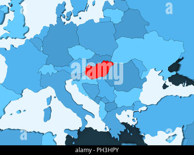 Hungary in red on blue political map with transparent oceans. 3D illustration. Stock Photo