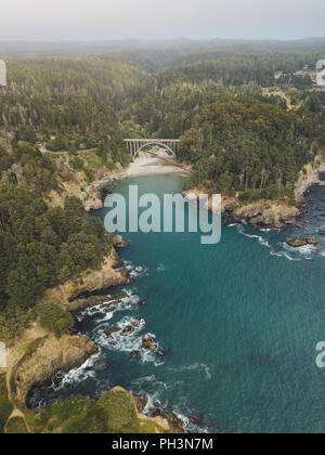 Aerial Drone Top Down Russian Gulch Bridge State Park California Foggy Day Stock Photo