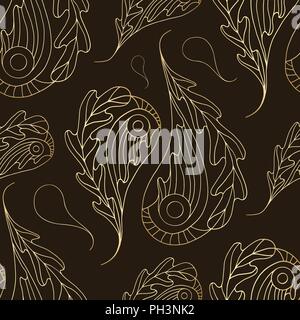 Hand drawn Paisley vector seamless pattern. Gold abstract oak leaves texture for wallpaper, wrapping paper, textile, surface design, phone case print, Stock Vector
