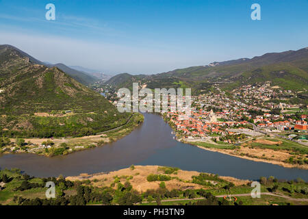 Rivers Kura and Aragvi getting together near the Jvari Monastery, in Mtskheta, Georgia. Stock Photo