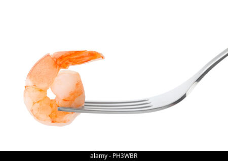 shrimp on a fork, isolated on white background, clipping patch Stock Photo