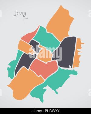Jersey New Jersey Map with neighborhoods and modern round shapes Stock Vector
