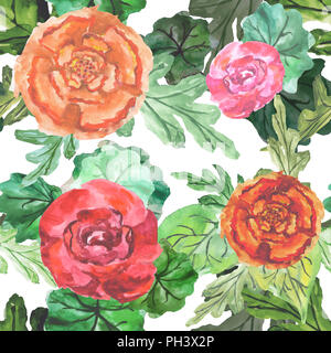 watercolor seamless pattern with green leaves, peony and merigold Stock Photo