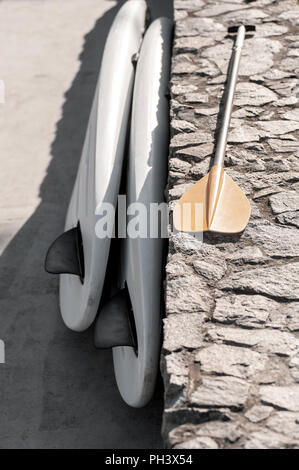Two plastic boards on the dock, before the start, space for text Stock Photo