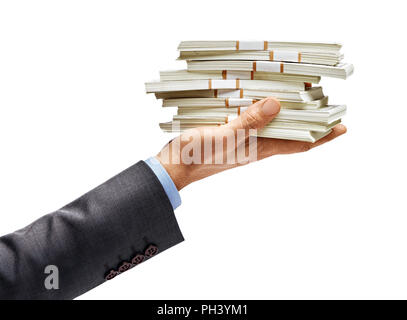 Man's hand in suit holding bundles of money isolated on white background. High resolution product. Close up Stock Photo