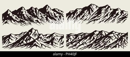 Set of isolated huge mountains silhouettes. Vector mountain ranges illustrations. Stock Vector