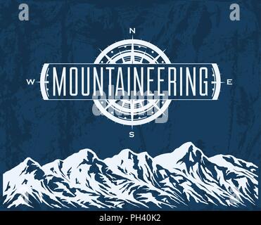 Mountaineering and travelling grunge background with huge mountain range silhouette and windrose. Vector illustration. Stock Vector