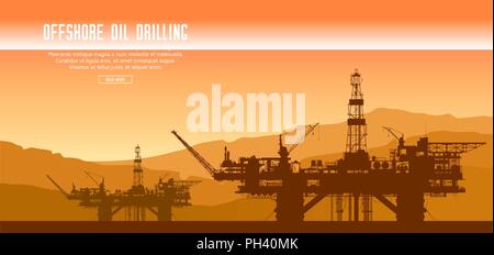 Offshore oil drilling rigs at sunset in the sea. Crude oil extraction and refining. Vector industrial landscape. Stock Vector