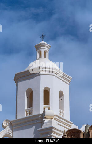 Finished bellower on the Mission San Xavier against a blue sky. Stock Photo