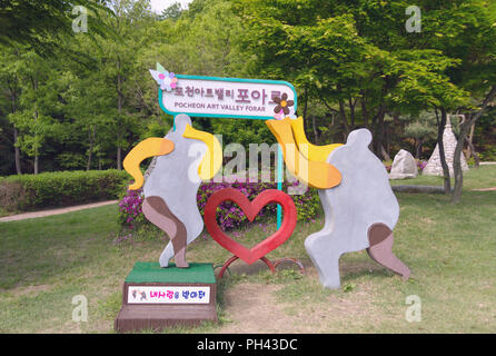 Pocheon, South Korea – 10 May 2017: modern sculptures in front of Pocheon Art Valley entrance Stock Photo