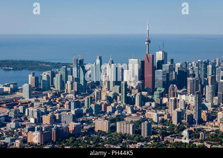 Aerial skyline view of Toronto downtown from the east end, showing Lake Ontario and Toronto Islands. Stock Photo