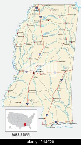 road map of the US American State of mississippi. Stock Vector