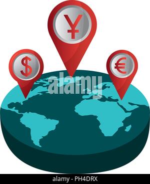 set pin pointer location with symbol crypto money in planet earth Stock Vector
