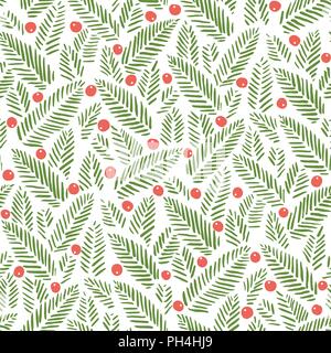 Green hand drawn abstract Christmas foliage, red holy berries on white background vector seamless pattern. Winter Holiday Print. Abstract linocut pine Stock Vector