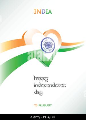 August 15. Independence day of India. Greeting card with waving Indian flag crosses heart. Vector illustration. Stock Vector