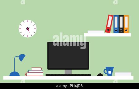 Flat design office illustration with white desk, computer with monitor, lamp and tea pot, shelf with files and books. Green wall with clock. - vector Stock Vector