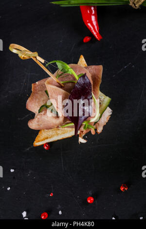 Beef canape served green onion Stock Photo