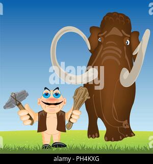 Primitive person and mammoth on year glade Stock Vector
