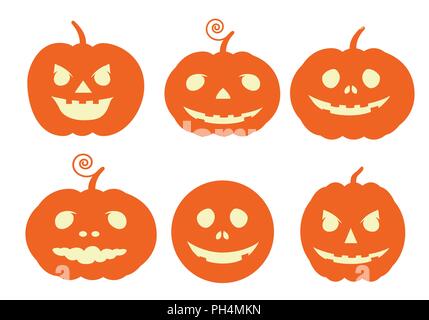 Set flat design illustration of pumpkins with carved face. Usable on Halloween card, vector isolated on white background Stock Vector