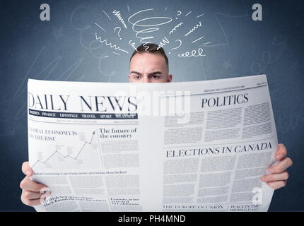 Confused businessman holding newspaper concept Stock Photo
