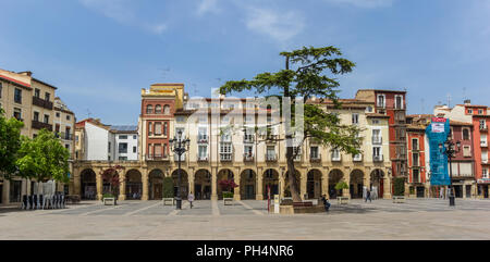 Panorama of colorful houses at the market square of Logrono, Spain Stock Photo