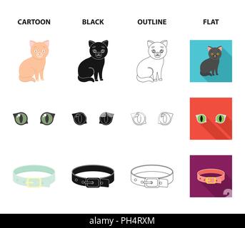 Cat eyes, a collar, a house for a cat, a medal on a ribbon.Cat set collection icons in cartoon,black,outline,flat style vector symbol stock illustrati Stock Vector