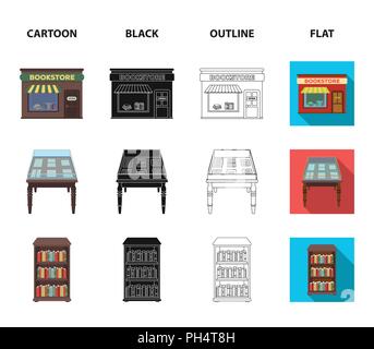 A table with old documents, bookshelves, folders, a visitor. A library and a bookstore set collection icons in cartoon,black,outline,flat style vector Stock Vector