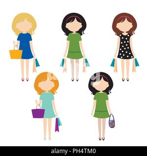Set of simple vector illustrations of woman in colorful dress with shopping bags. Flat design, isolated on white background. Stock Vector