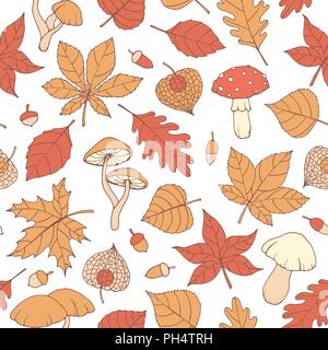 Vector autumn seamless pattern with oak, poplar, beech, maple, aspen and horse chestnut leaves, mushrooms, acorns and physalis on the white background Stock Vector