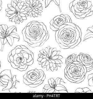 Vector seamless pattern with lily, chrysanthemum, camellia, peony and rose flowers line art on the white background. Hand drawn floral repeat ornament Stock Vector