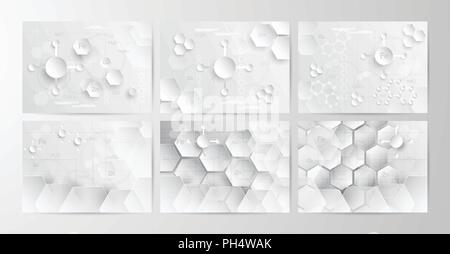 Set of abstract chemical background in grey and white tone in concept of paper cut and flat design. Vector illustration in digitalcraft. Stock Vector