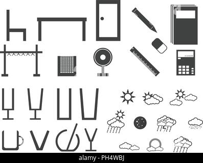 Different type of electronic equipments, clouds, home hardware with screen display such as phone, computer, television, glass, table, fan, chair, book Stock Vector