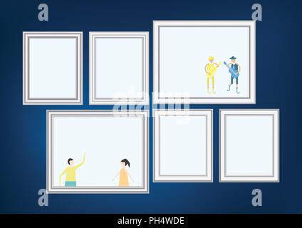 Set of decorative frame picture with silver border, Vector design on blue gradient background with space for image. Stock Vector