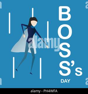 Happy Boss's day background with super boss woman isolated on blue background. Character of vector design. Stock Vector