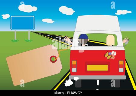 illustration with copy space of camper bus. man and woman riding on the road in their camper. traveling and moving, vacation concept. Stock Vector