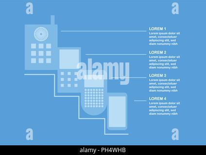 Transformation of mobile phone form ancient to present time. Vector illustration isolated on blue background with text space. Stock Vector