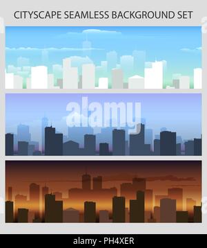 Sunrise, dawn and day cityscape seamless horizontal backround set. Vector illustration Stock Vector