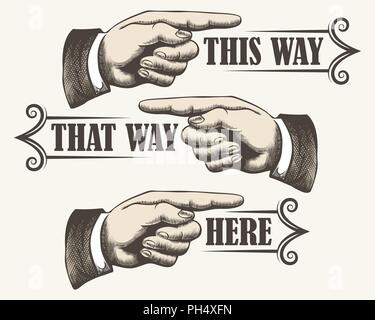 Retro pointing fingers. Navigation signs in vintage style. Vector illustration Stock Vector