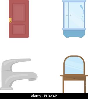 Door, shower cubicle, mirror with drawers, faucet.Furnitureset collection icons in cartoon style vector symbol stock illustration . Stock Vector