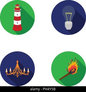 A lighthouse, an incandescent lamp, a chandelier with candles, a burning match.Light source set collection icons in flat style vector symbol stock ill Stock Vector