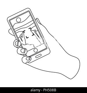 Taking photo on smart phone icon in outline design isolated on white background. Hipster style symbol stock vector illustration. Stock Vector