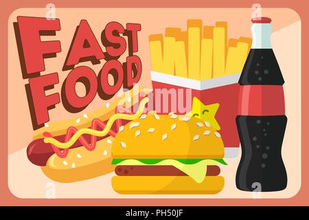 Colorful Fast food vector retro banner. Fast food hamburger dinner and restaurant, tasty set fast food many meal and unhealthy fast food classic nutrition in flat style. Stock Vector