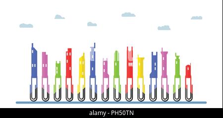 Colorful paper clips in concept of flat city. Vector design isolated on white background with blue cloud. Stock Vector