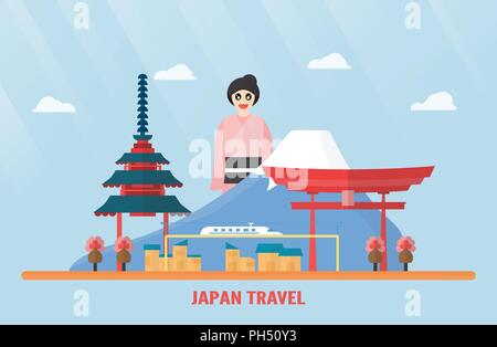 Thailand, Udonthani - 07 August 2018: Japan landmarks with Mount Fuji, Itsukushima Shrine, electric train, Sakura flower, pagoda and Japanese girl. Ve Stock Vector